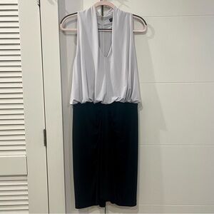 Donna Karan Black and White Plunge Neck Gathered Waist Draped Colorblock Dress